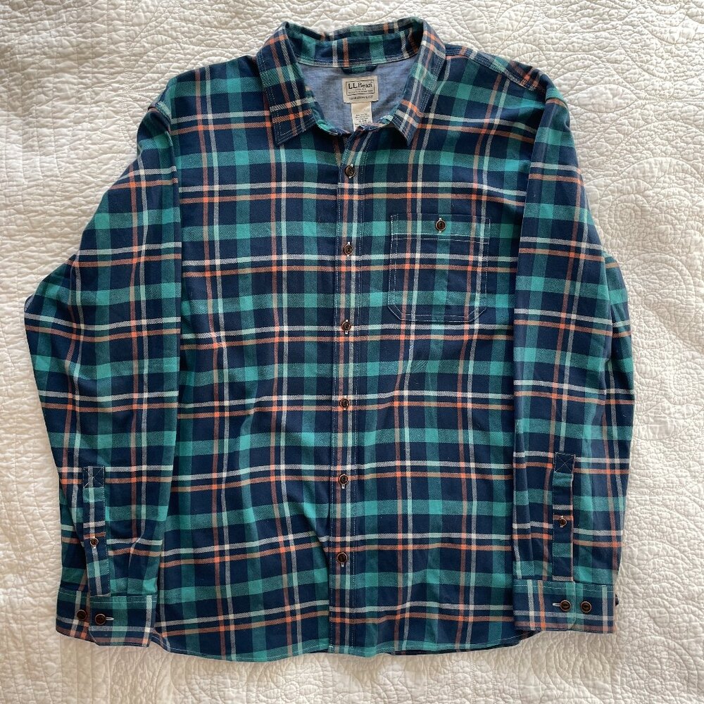 L.L. Bean All-Season Flannel Shirt XL Regular Untucked Fit Plaid Stretch Blue